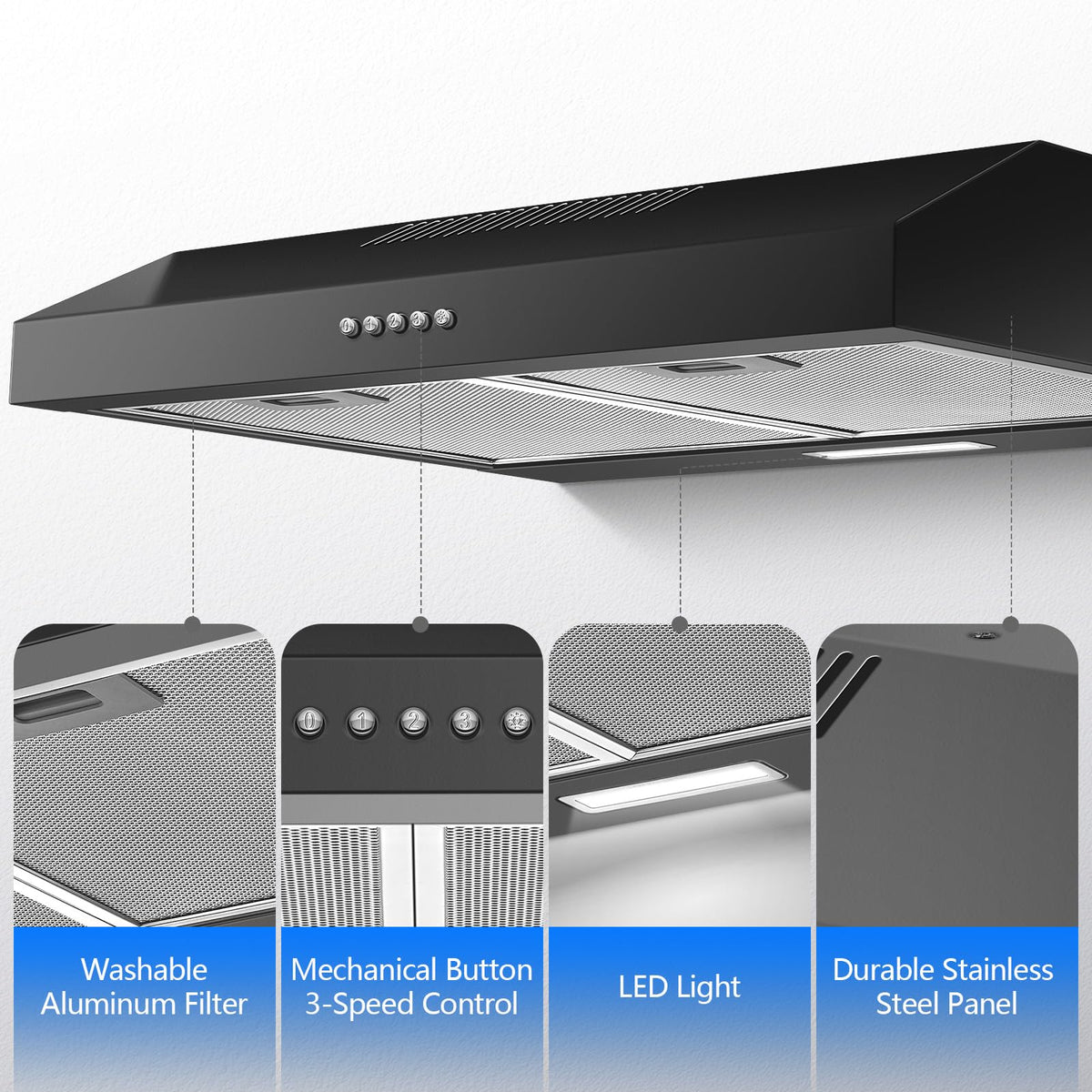 TopStrong 60cm Under Cabinet Cooker Hood, 250m³/h Slim Kitchen Extractor Fan, 3 Speed, A+ Energy Rating, LED Light, 430 Stainless Steel, Recirculating & Ducted Extractor Hood