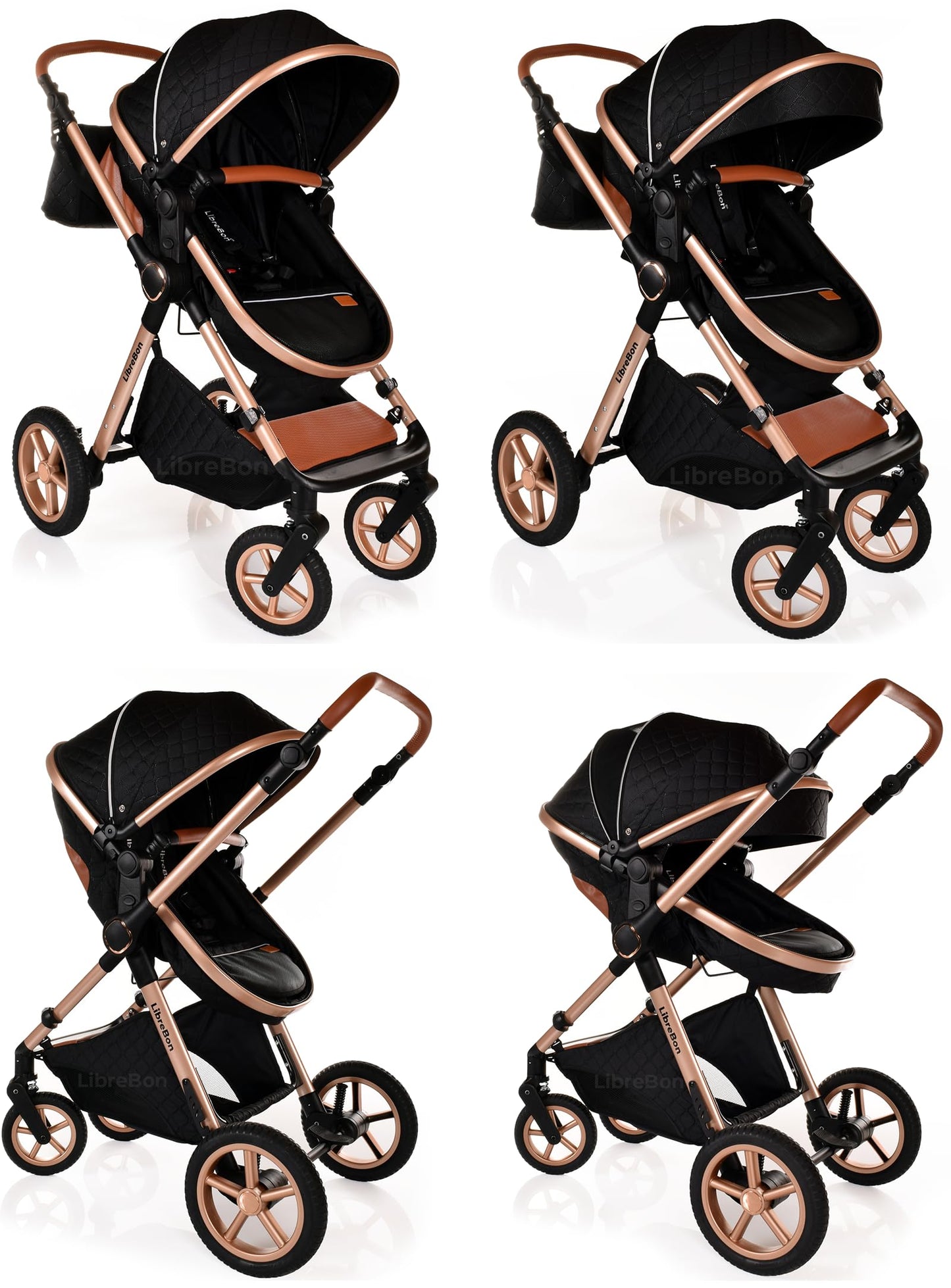Baby Buggy Pram Pushchair Stroller 3 in 1 Child Lightweight Folding Stroller 3 in 1 Travel System Pram for Newborns & Toddlers from Birth Aluminum (Beige - Rose Gold Frame)