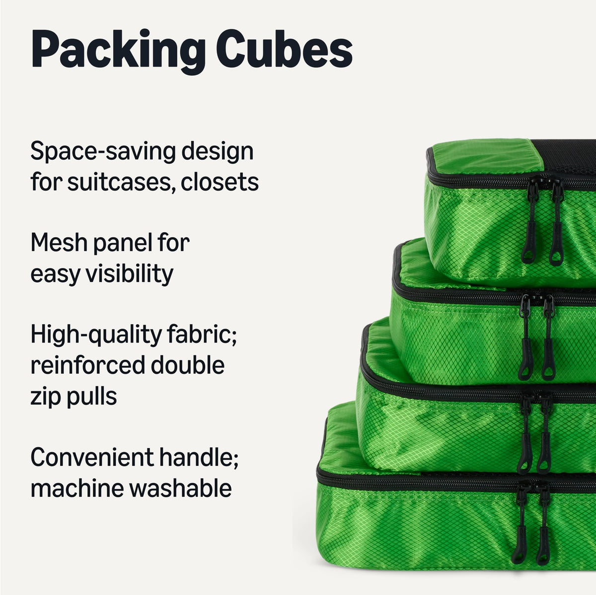 Amazon Essentials 4-Piece Packing Cubes Travel Accessories Set, Luggage Organiser with Double Zip, Mesh Top, 100% Polyester, Medium, Black (Previously Amazon Basics)