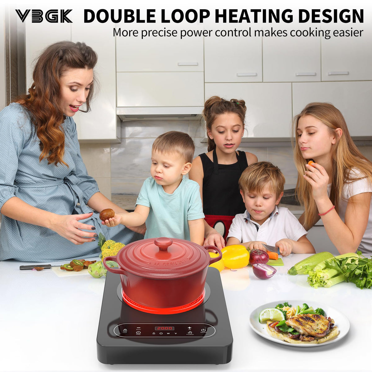 VBGK Double Induction Hob,220V 3600W 2 Ring Induction Hob with Knob Control,9 Power Levels, Kids Lock & Timer,LED Touch Control,Overheat Protection