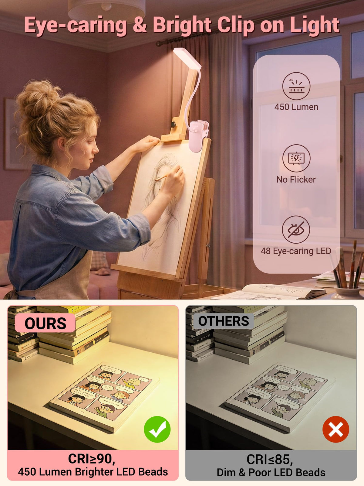 Reading Light,9 Brightness+5 Colors Clip on Light, LED Desk Lamp Table Lamp