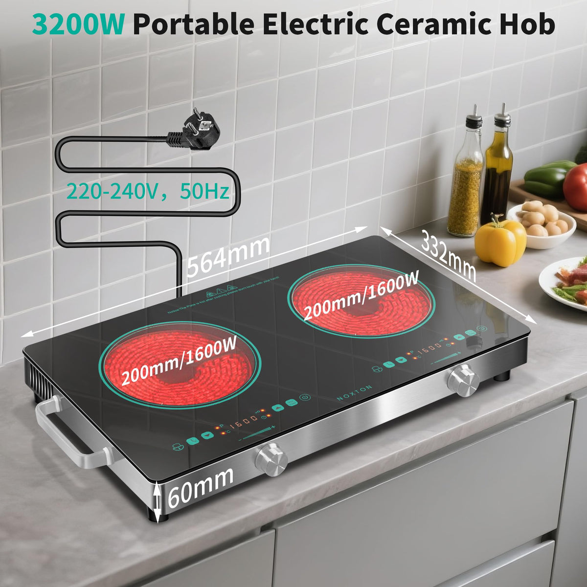 Noxton 2 Zone Ceramic Hob 30cm Electric Hob with Timer, Safe Lock, Pause Coutertop Use Hob with 13AMP Plug 2800W