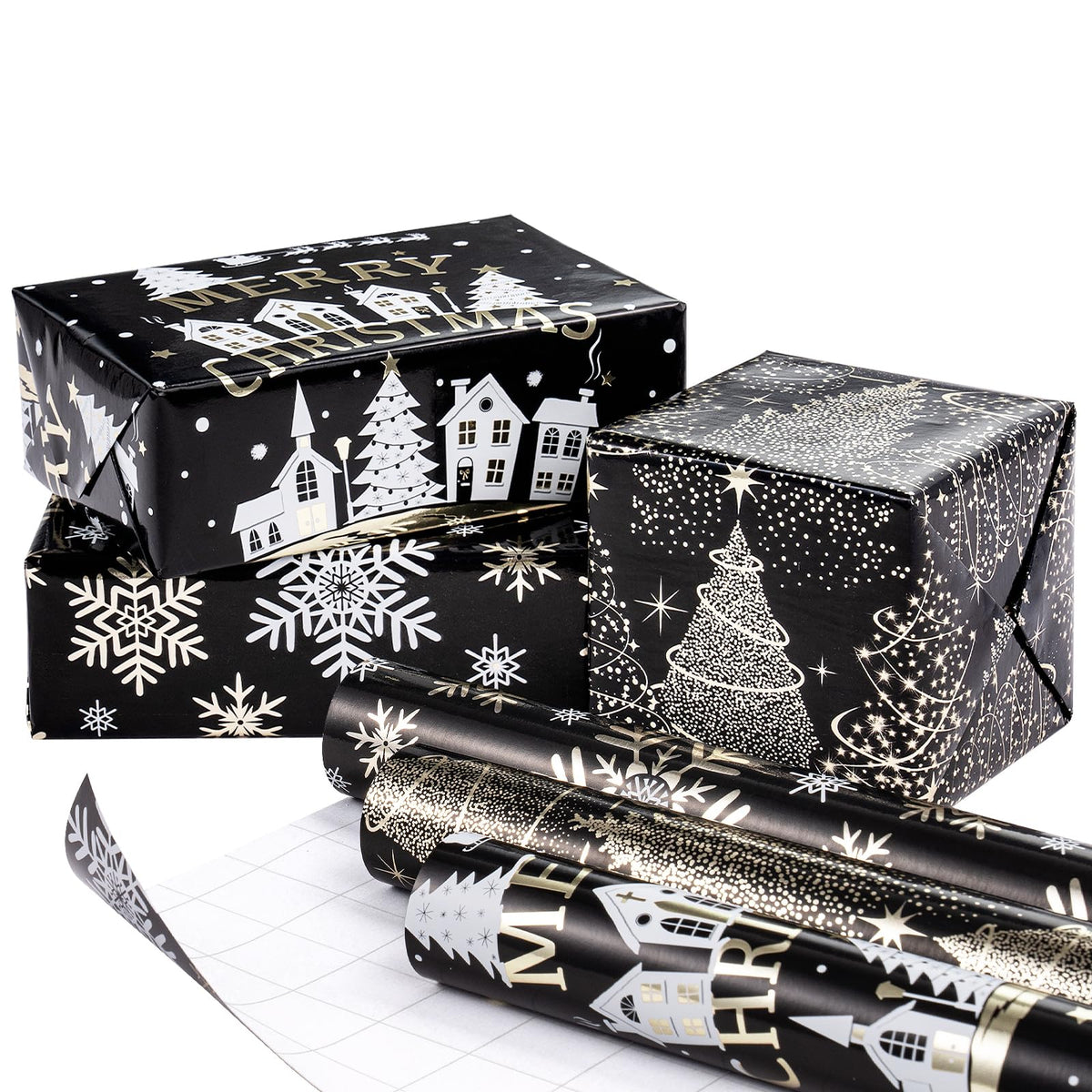 RUSPEPA Christmas Wrapping Paper Roll - Mini Roll - 3 Rolls - 43.2cm x 3m Per Roll - Bird, Christmas Garland, Holly and Pinecones Holiday Design with Metallic Foil Shine