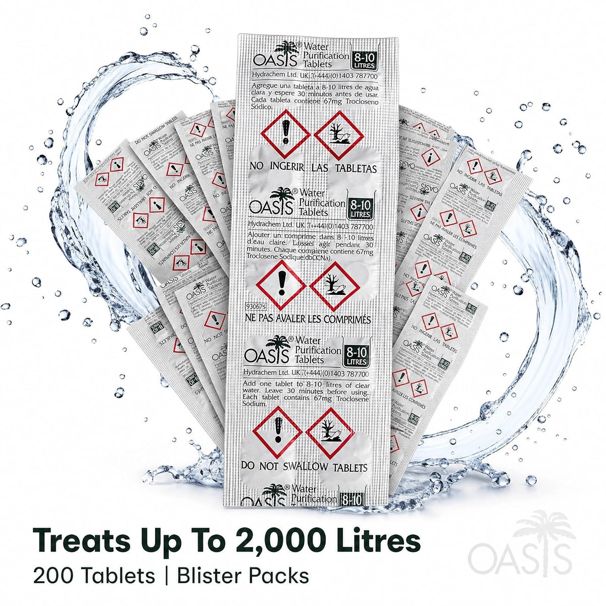 Oasis 67mg Water Purification Tablets 200 Tablets - Treats 2,000 Litres Emergency Water Purification Tablets, Water Purification for Camping, Hiking Etc