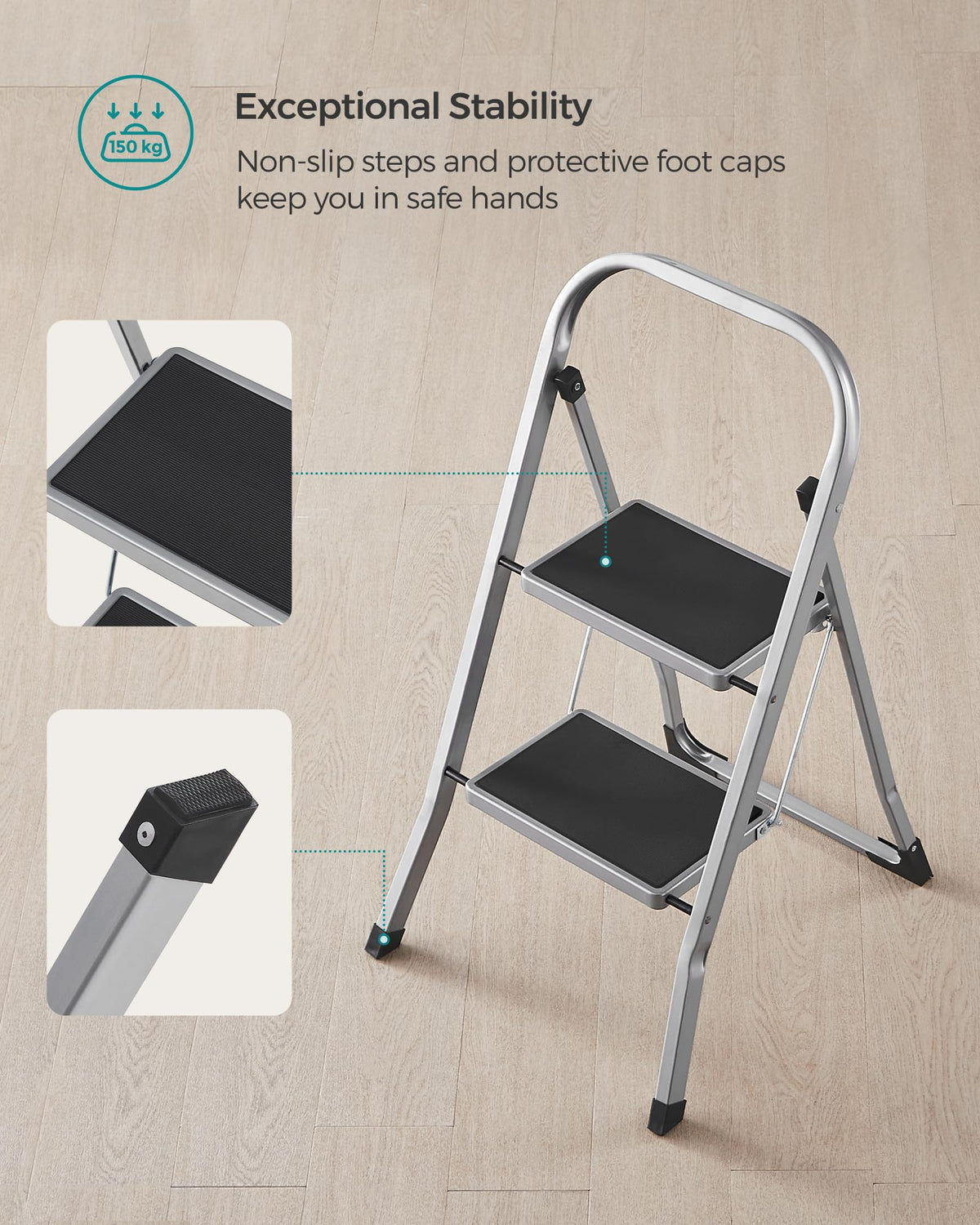 SONGMICS 2-Step Ladder, Folding Step Ladder, Safety, Holds up to 150KG