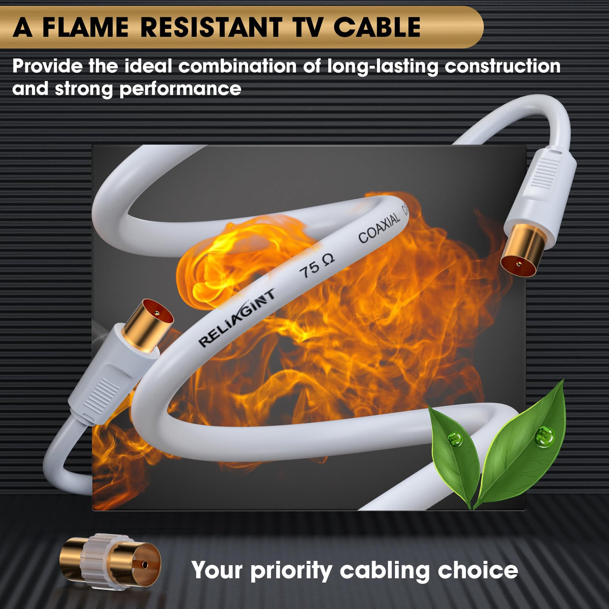 TV Aerial Cable 1m, 75 Ohm Coaxial Lead, IEC 9.5mm Male to Male 3C2V Pure Copper Dual Shielded, Right-Angle Connector, Female to Female Adaptor Included, Black