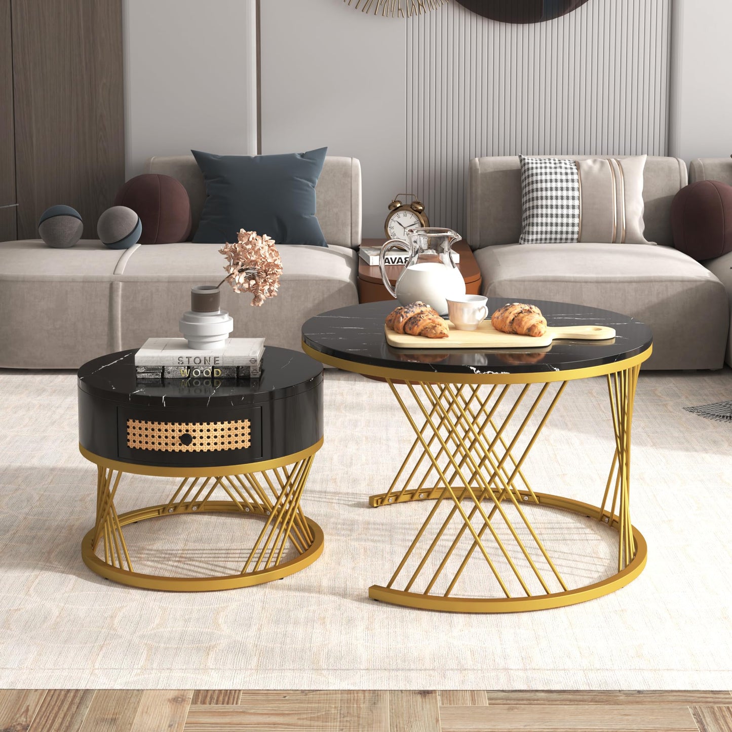 ModernLuxe 2-in-1 Coffee Table, Multi-functional Side Table with Marble Grain Veneer Top, Rattan Drawers, Solid Wood Handles, Gold Coloured Iron Legs, Round Nest of Tables for Living Room, Black