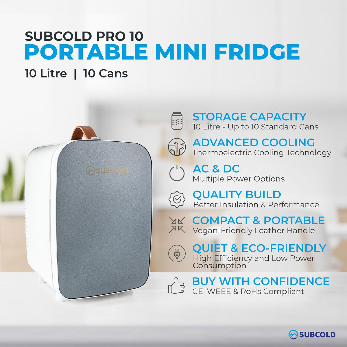 Subcold Pro4 Mini Fridge 4L, Quiet Small Fridge for Bedroom, AC & USB