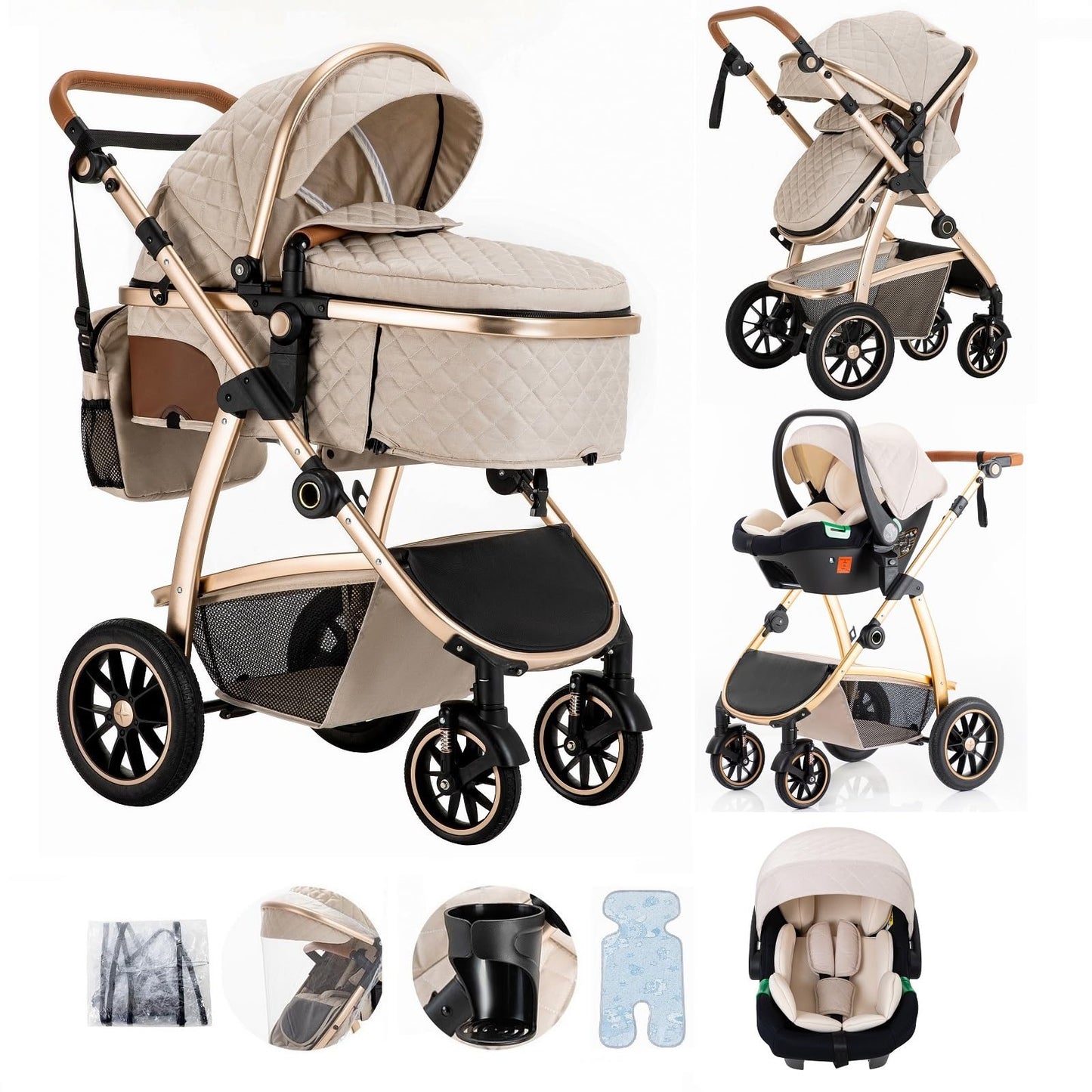 Baby Stroller 3 in 1,Travel Pushchair's Lie-Flat Pram is Foldable, Stroller System Handle is Adjustable, The Wheels are Made of PU Material, Suitable for 0-3 Years-Khaki