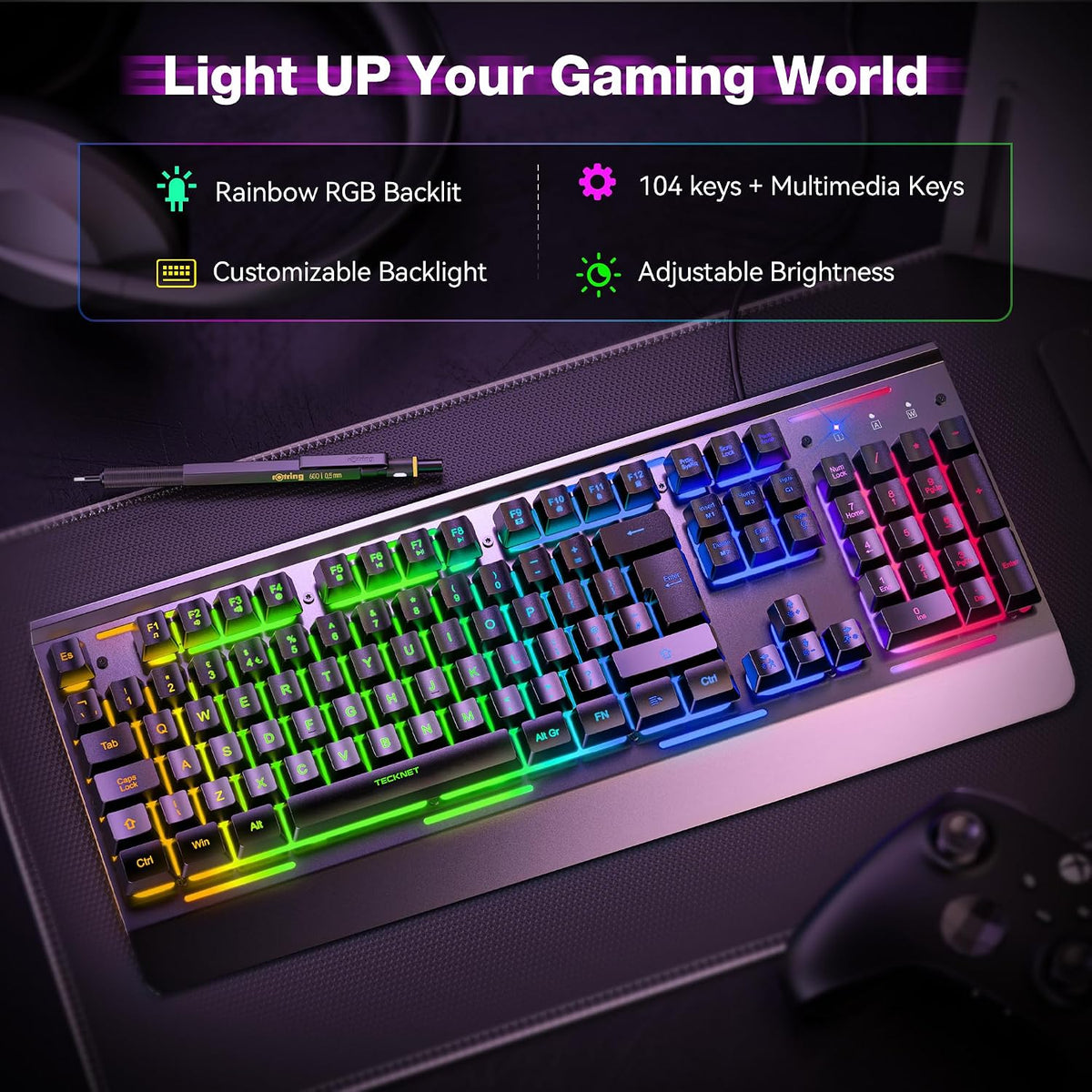 TECKNET RGB Gaming Keyboard UK Layout with 15-Zone RGB Illumination