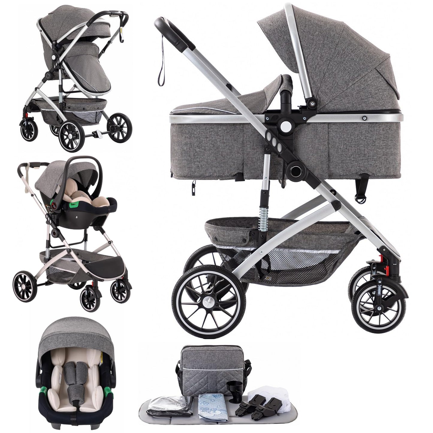 Baby Stroller 3 in 1,Travel Pushchair's Lie-Flat Pram is Foldable, Stroller System Handle is Adjustable, The Wheels are Made of PU Material, Suitable for 0-3 Years-Khaki