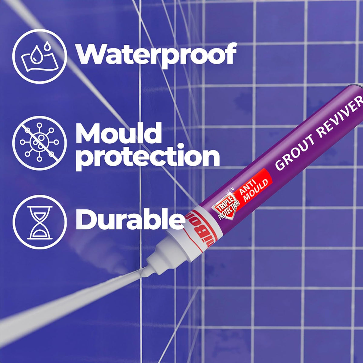 Unibond Grout Reviver Pen, White Grout Pen for Bathroom Grout Joints, Easy to Use Tile Grout Pen, Whitener for Restoring Discoloured & Faded Joints, 1x7ml