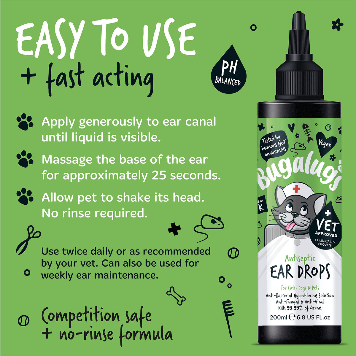 BUGALUGS Antiseptic Ear Drops 200ml – Ear Disinfection, Kills bacteria, Stops Odours, Scratching & Discomfort, Anti-fungal (Yeast), Veterinary-grade, for Dogs, Cats & all other animals