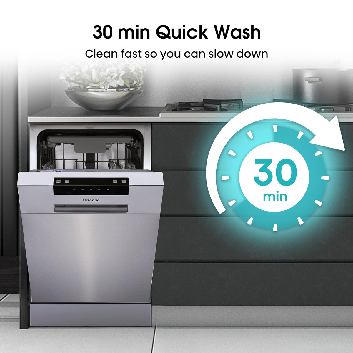 Hisense HS523E15WUK Slimline 10 Places Free Standing Dishwasher White with 30 Minutes Quick Wash [Energy Class E]