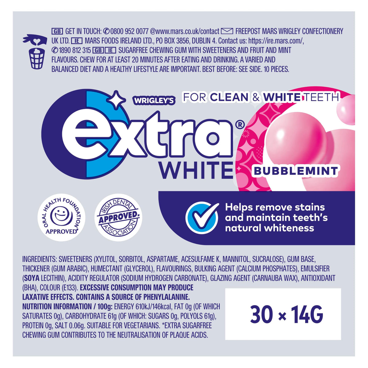 Wrigley's Extra White Bubblemint Sugar Free Chewing Gum Bottle 46 Pieces