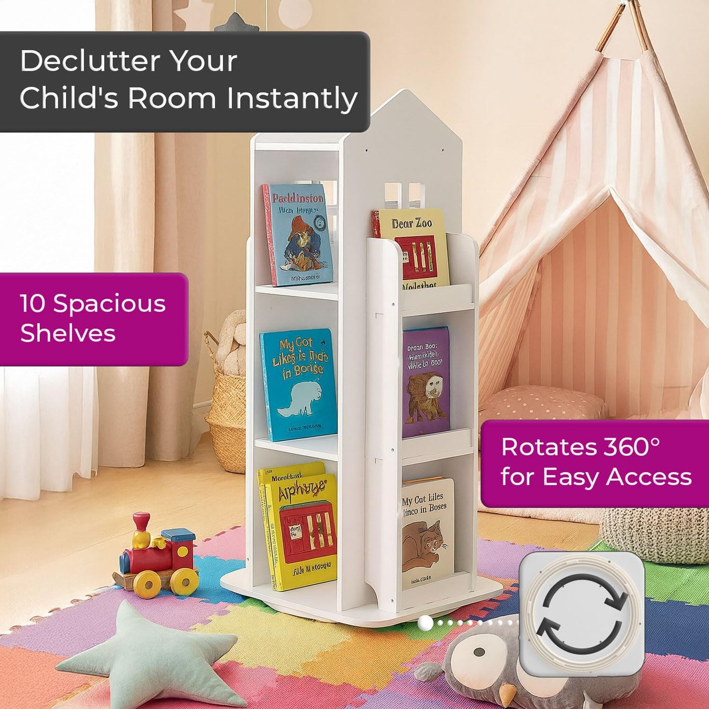 Neo House Shaped 360° Rotating Kids' Children's Freestanding Bookshelf Bookcase 10 Shelf Shelve Space‑Saving Design (White)