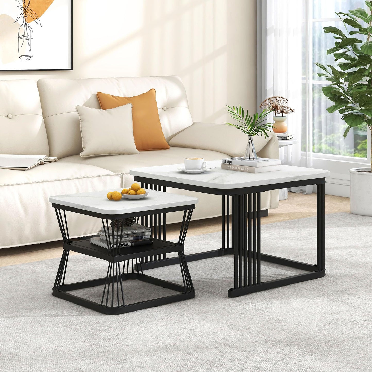 ModernLuxe 2-in-1 Coffee Table, Multi-functional Side Table with Marble Grain Veneer Top, Rattan Drawers, Solid Wood Handles, Gold Coloured Iron Legs, Round Nest of Tables for Living Room, Black