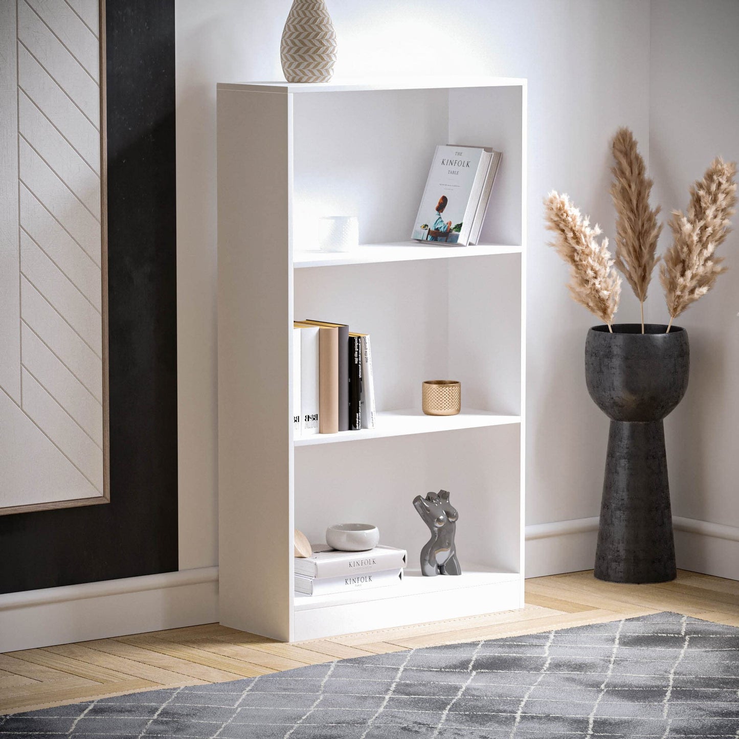Vida Designs Cambridge 3 Tier Low Bookcase, White Wooden Shelving Display Storage Unit Office Living Room Furniture