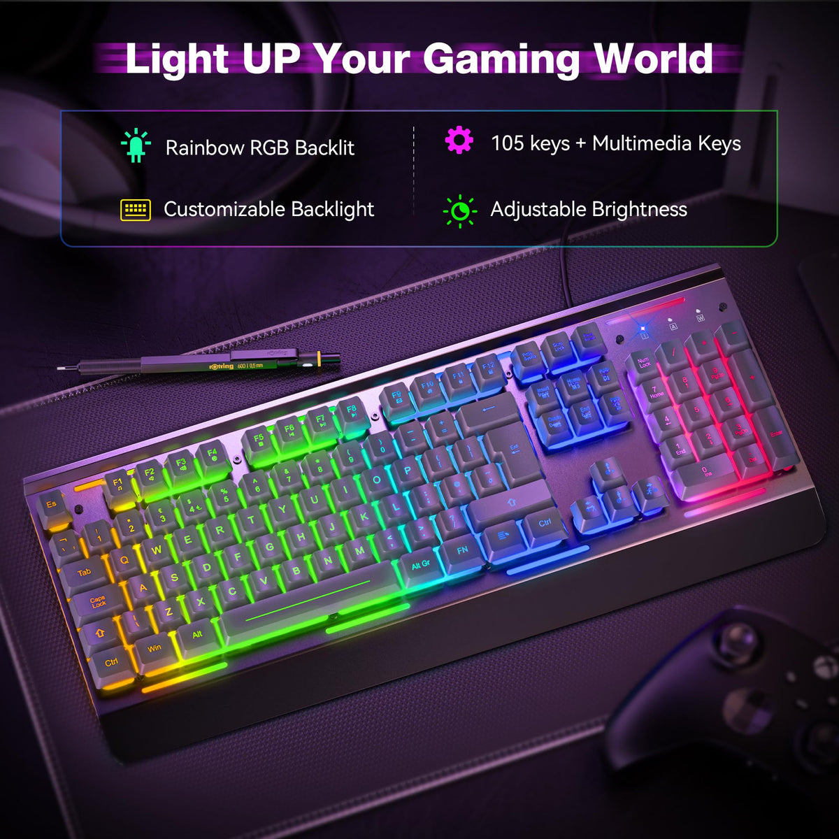 TECKNET RGB Gaming Keyboard UK Layout with 15-Zone RGB Illumination