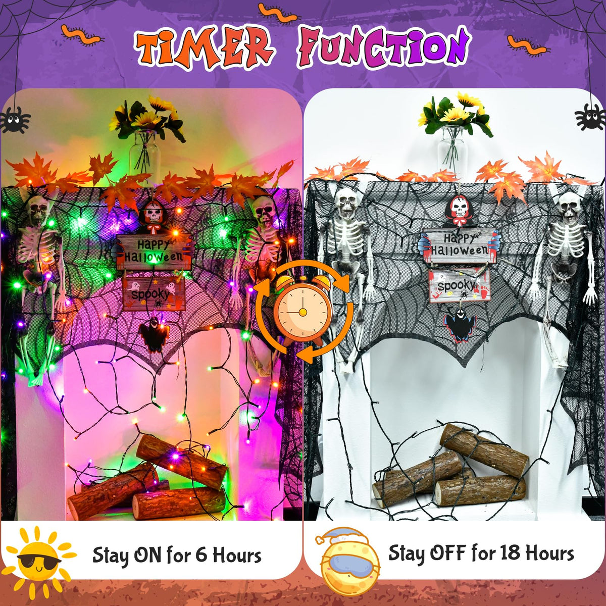 cshare Halloween Decorations Fairy Lights, 20Ft 60LED Orange-Purple USB/Battery String Lights with Timer Waterproof for Outdoor Indoor Autumn Fall Halloween Decorations-Green Wire