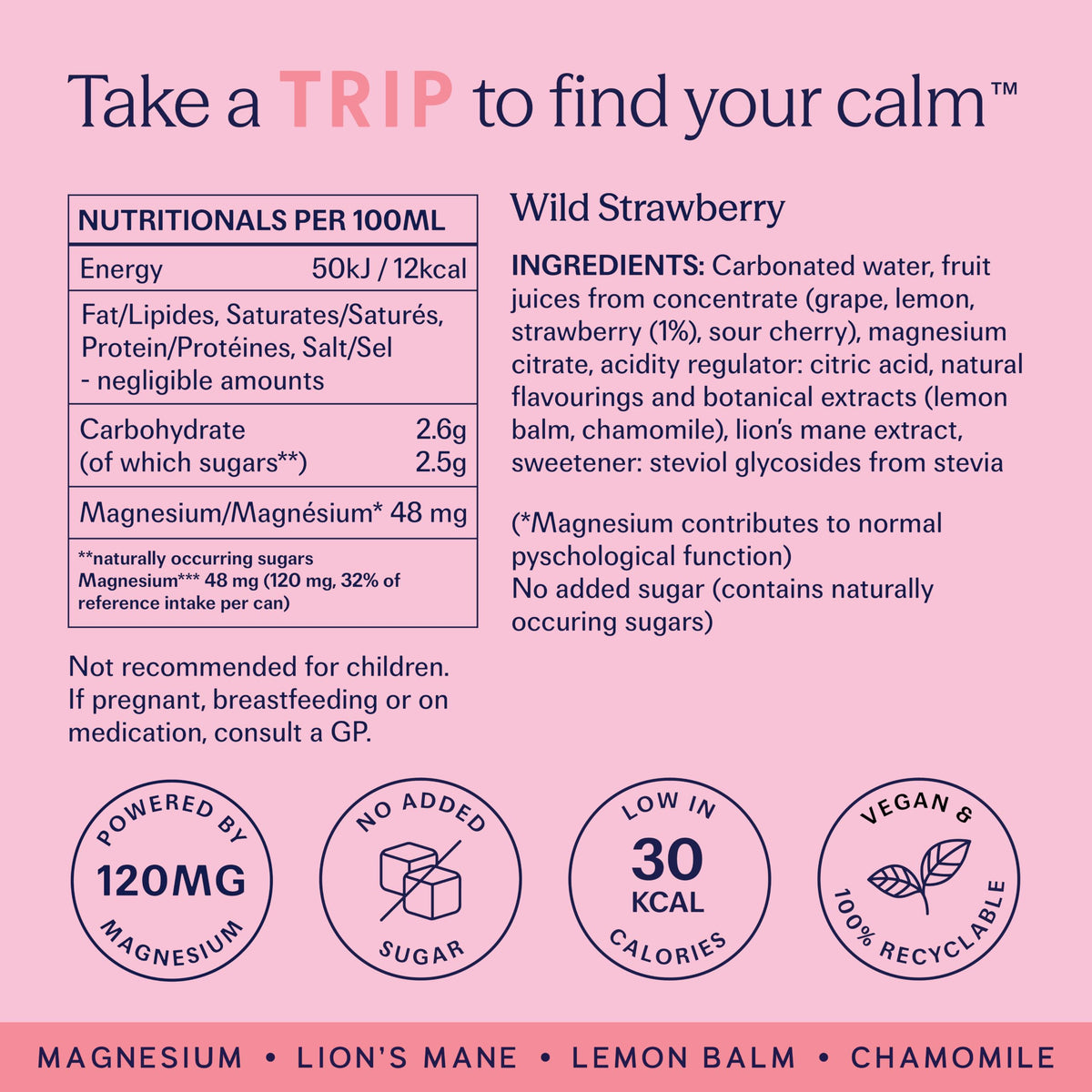 TRIP Cucumber Mint Sparkling drink with 120MG calming Magnesium + Lion’s Mane + Chamomile + Lemon Balm. Low Calorie and Vegan (Pack of 12 x 250ml) - Packaging Might Vary