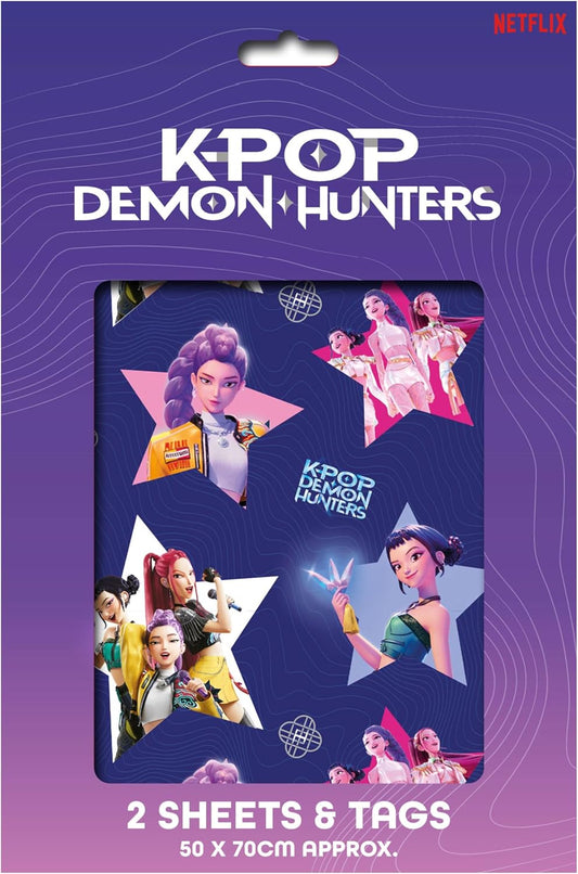 KPop Demon Hunters Official Gift Wrap Set — 2 Sheets & Tags, 50x70cm | Birthday & Party Wrapping Paper