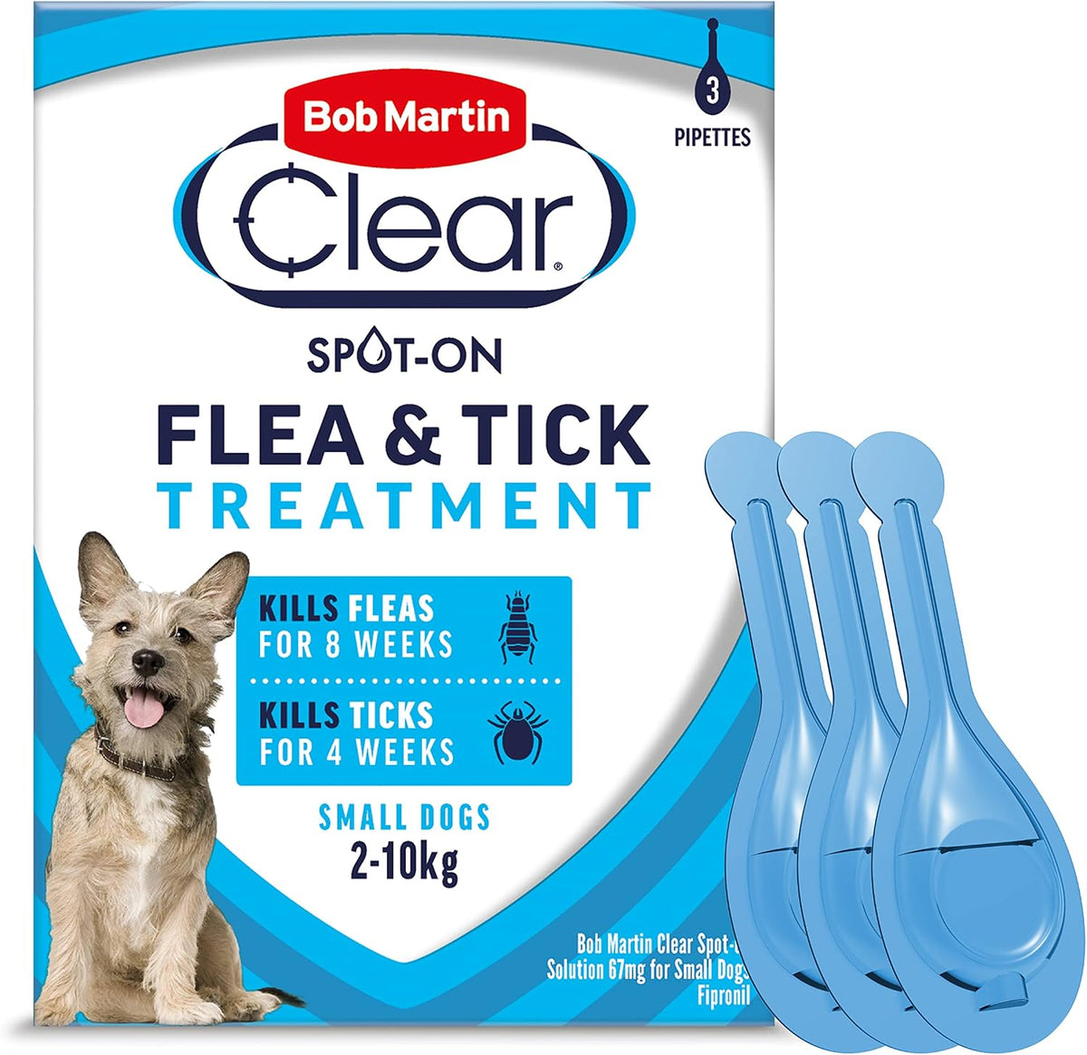 Bob Martin Clear Spot On Flea Treatment for Small Dogs (2-10kg) - Kills Fleas & Ticks (3 Pipettes)