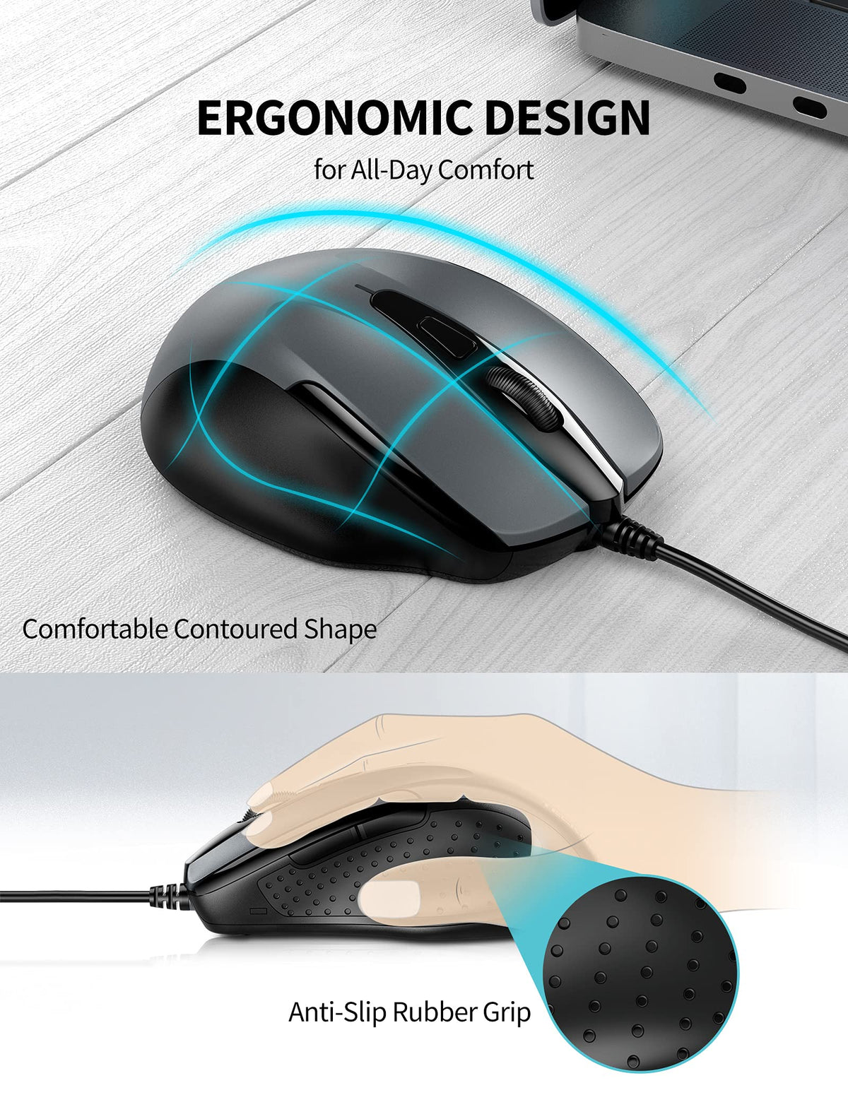 TECKNET USB Wired Mouse, 6400 DPI Mice 4 Adjustable DPI with 6-Button Corded, Optical Computer Mouse with Ergonomic Design for Laptop, Chromebook, PC, Desktop, Mac, Notebook