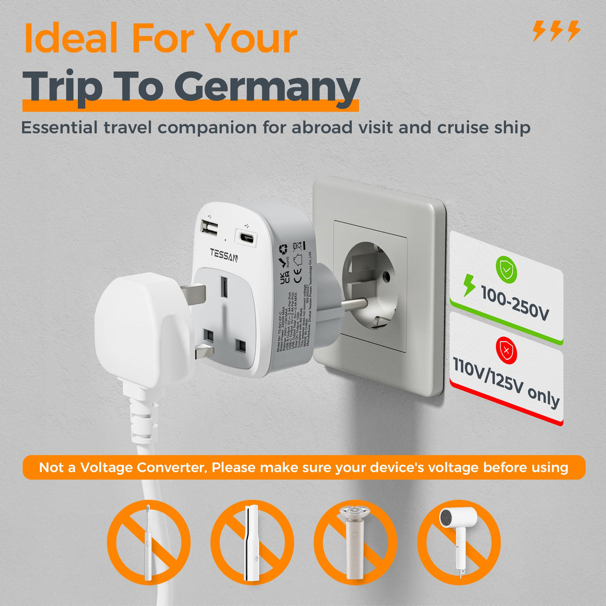 TESSAN UK to Australia Plug Adapter, Type I AU NZ Travel Adapter with USB C