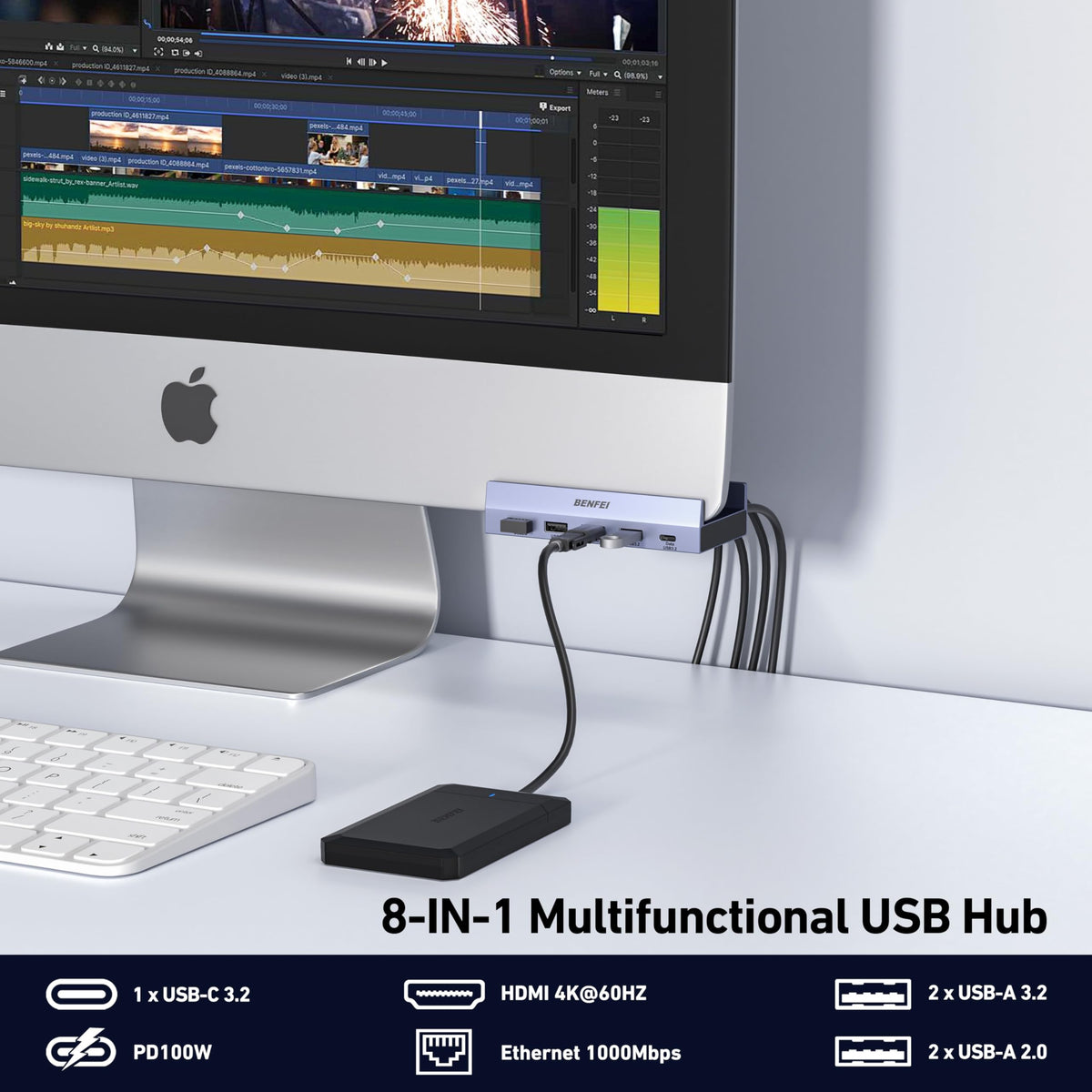 BENFEI USB-C Hub 5-in-1 with 4K HDMI, 3 USB-A 3.2 GEN2 10Gbps, 100W PD, Silicone Woven Cable, Aluminum Case, Compatible with MacBook, iPad, iPhone 15/16 Series