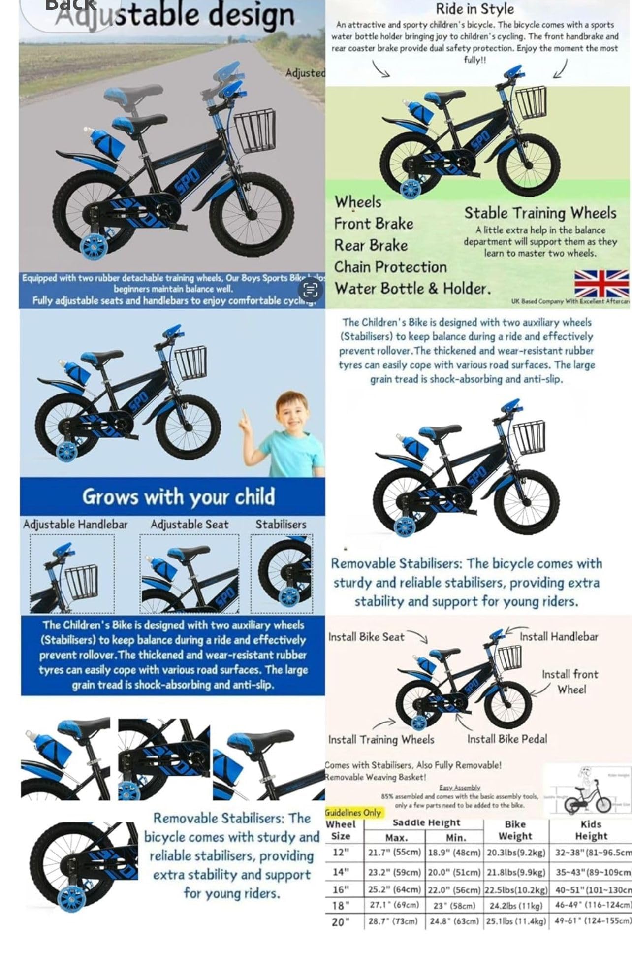 Kids Sport Bike, Tourer, Bicycle, Cycling, Boys Cycle, 12" 14" 16" 18" 20" Children’s Bicycle, Child Bikes, Adjustable Sport Bike 2-12 Years Old, Stabilisers,
