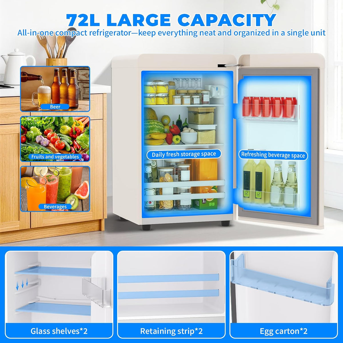 Retro Mini Fridge, 72L Compact Refrigerator, 43dB Quiet Operation, Adjustable 7-Temp Control, with LED Light, for Bedroom, Office, Kitchen & RV