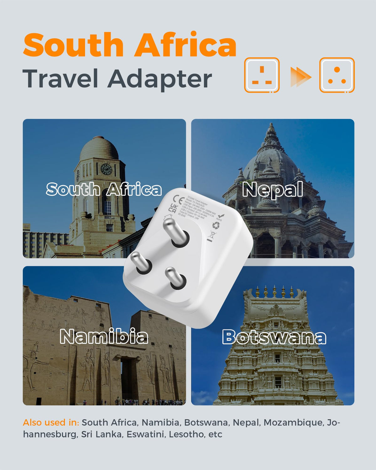 TESSAN UK to Italy Plug Adapter, Grounded Type L Travel Adaptor with USB C