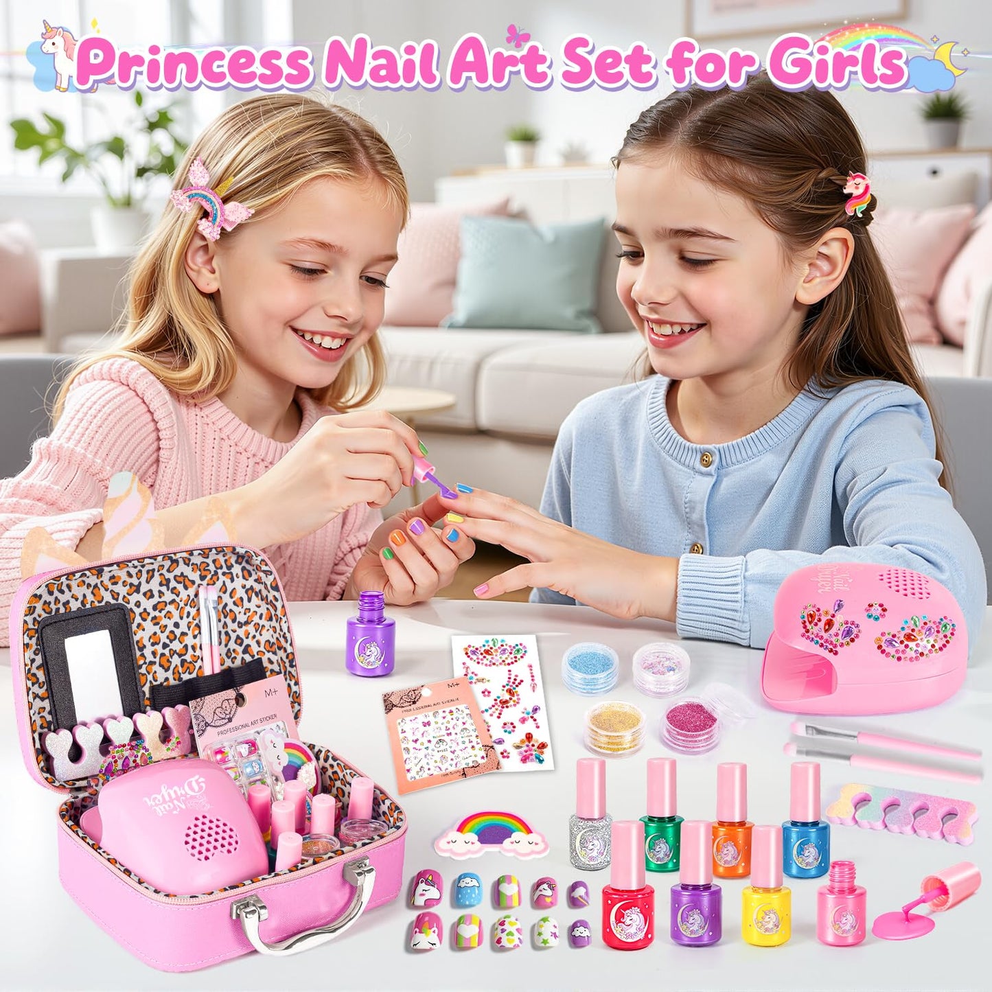 Hohosunlar Girls Makeup Set Kids Toys - Washable Non-toxic Kids Make Up w/ Nail Polish Dryer, Princess Accessories Nail Varnish Set, Christmas Birthday Gift Toys for Girls 3 4 5 6 7 8-12 Years Old