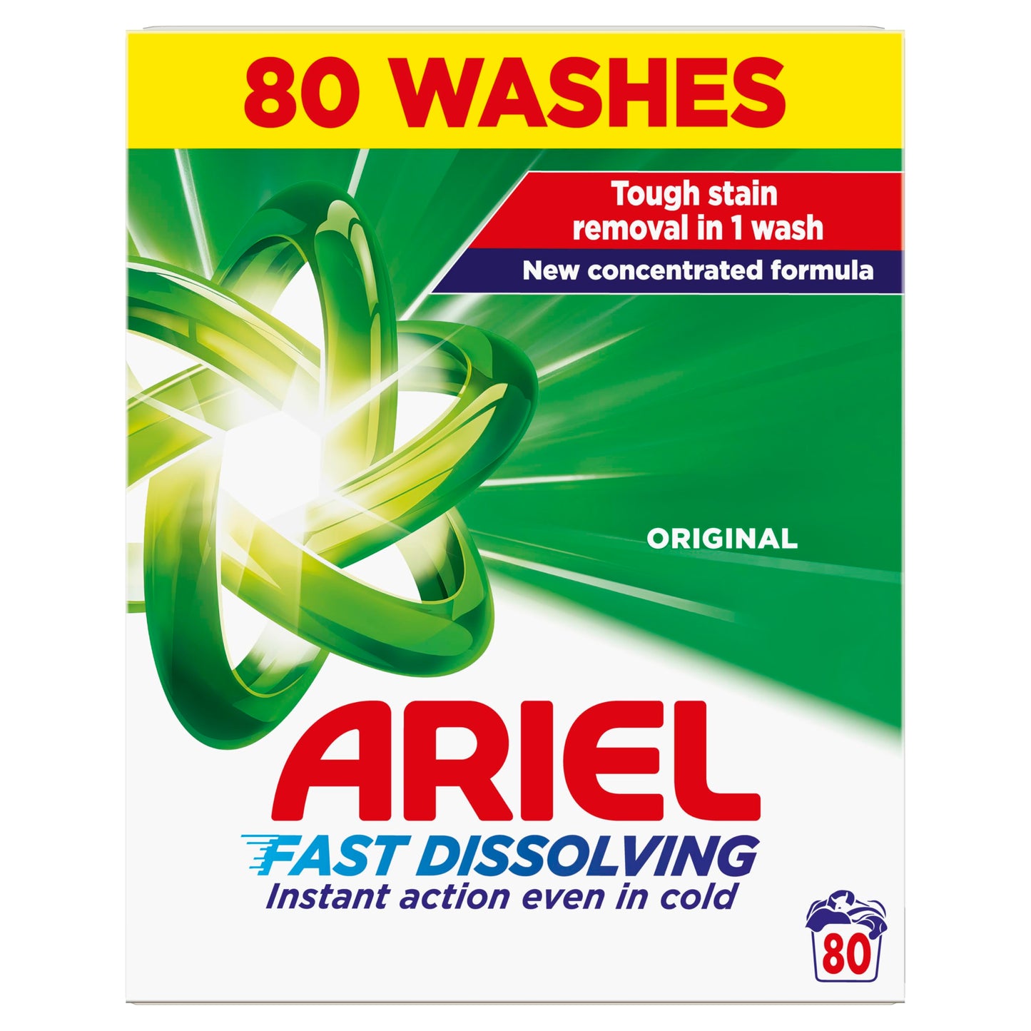 Ariel Fast Dissolving Washing Powder Laundry Detergent 4kg, 80 Washes, Original, Tough Stain Removal in 1 Wash, Instant Action Even in Cold