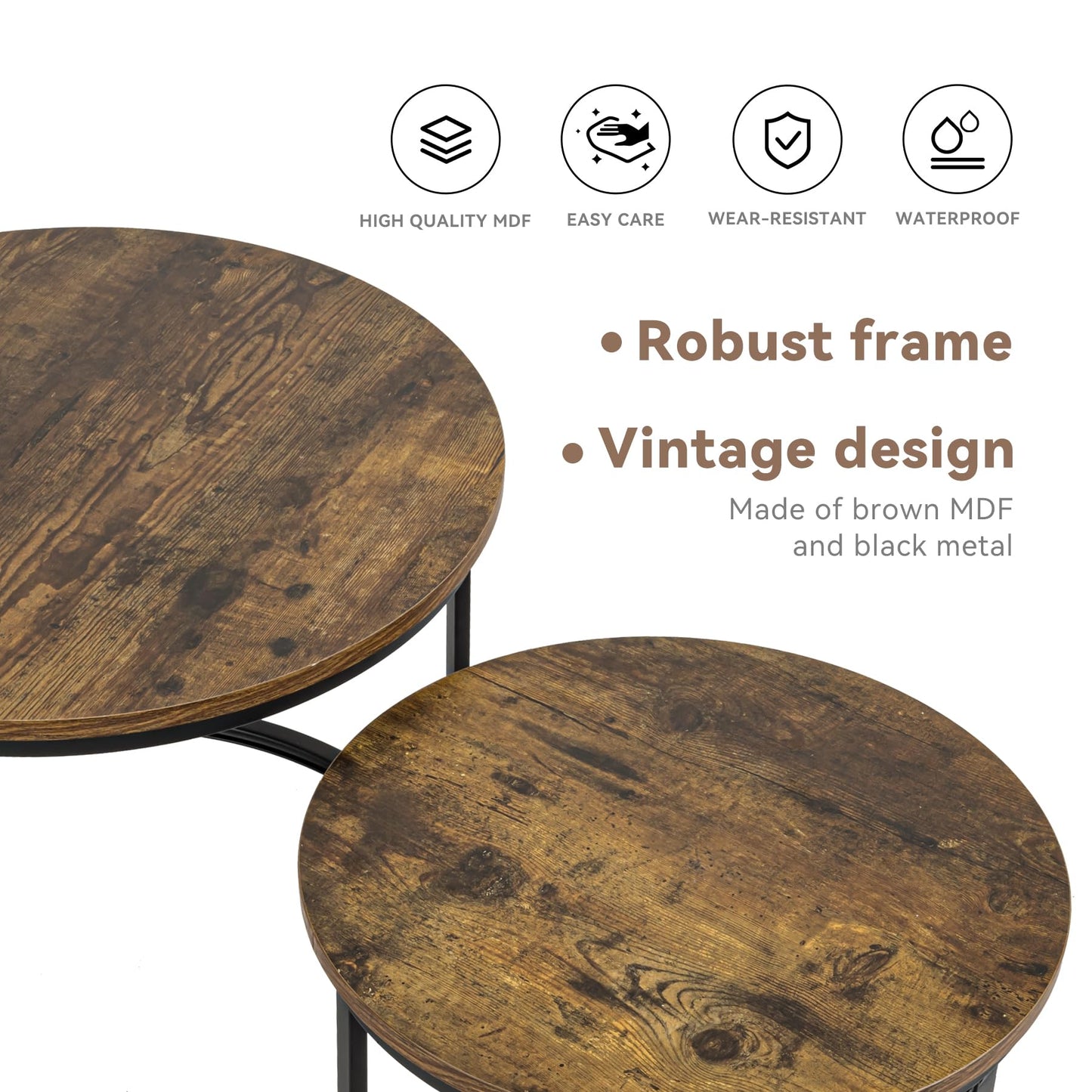 Hawthyhome Coffee Tables, Round Nesting Tables Tet of 2, Modern Side Tables with Metal Frame, Industrial Stacking End Tables for Living Room Bedroom Office, 60 * 60 * 45cm, Brown