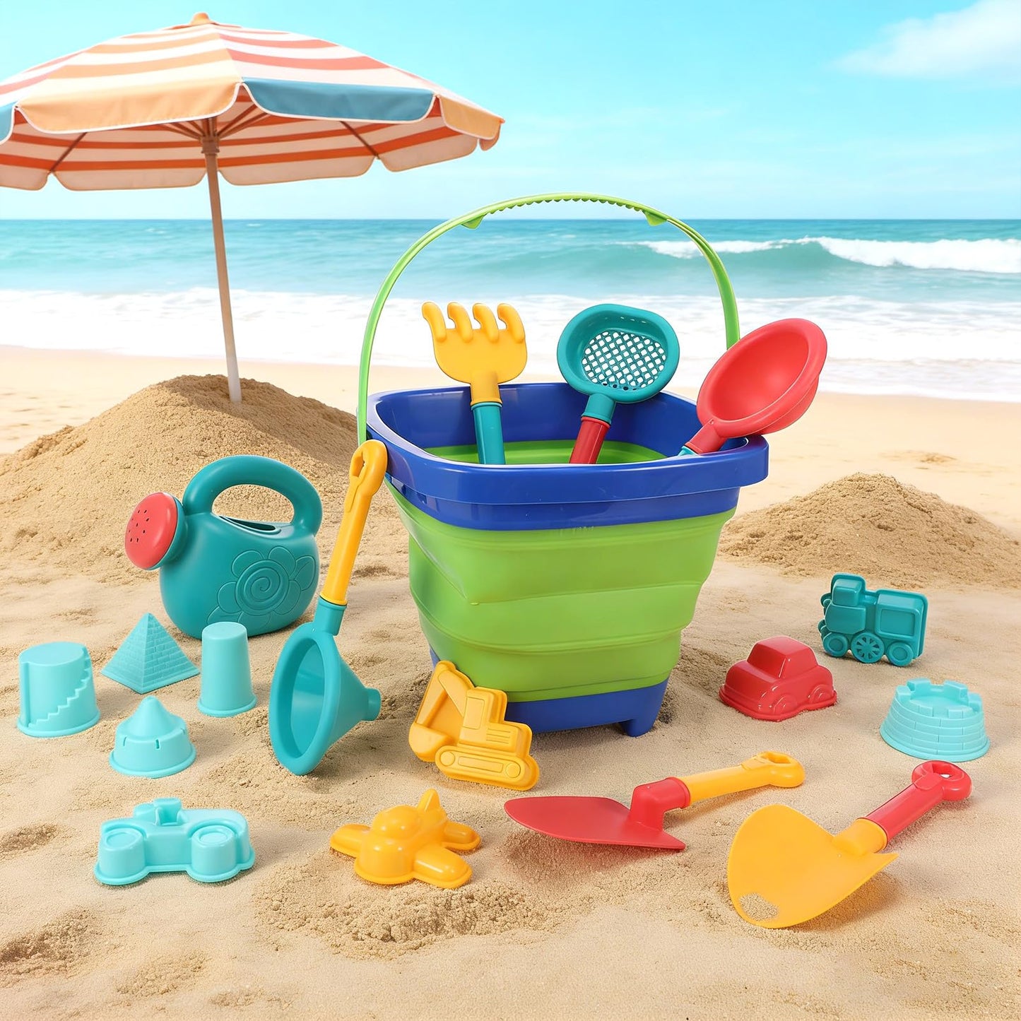 Beach Sand Toys Set, 19Pcs Sand Pit Toys With Collapsible Bucket and Spade Beach Set Kids Sand Sandpit Toys for Toddlers, Outdoor Fun Sand Toys for Boys Girls Toddlers Age 3 4 5 6 7 8