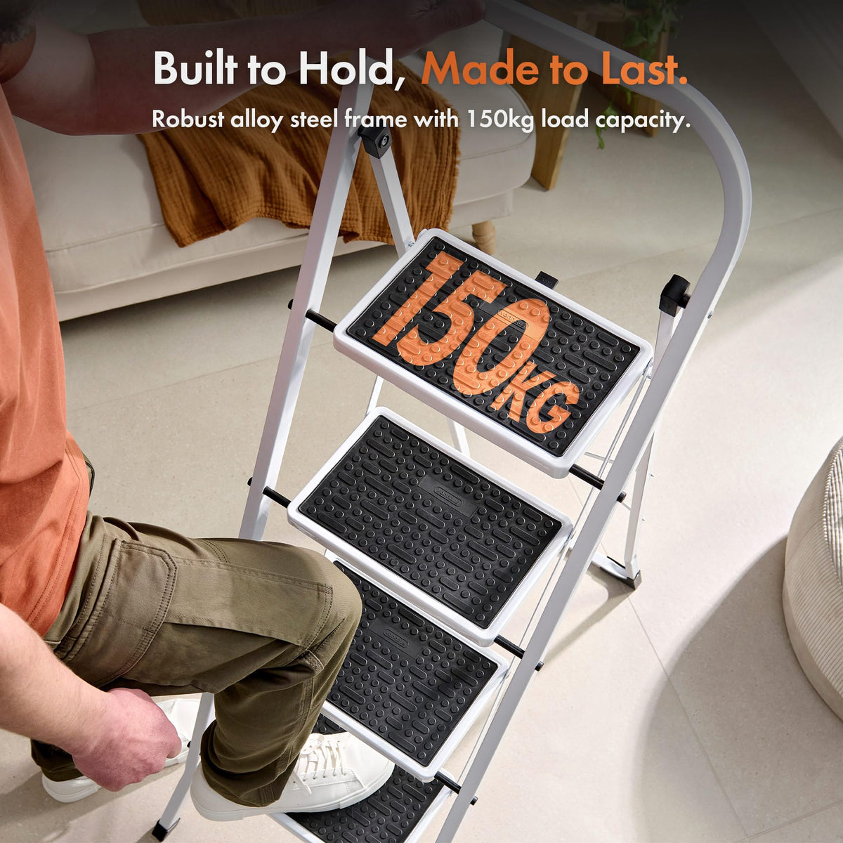VonHaus 3 Step Ladder – Premium Quality Folding Step Ladder for DIY and Gardening - Anti Slip Feet, Easy to Store Ladder, 150KG Max Capacity - Durable Steel