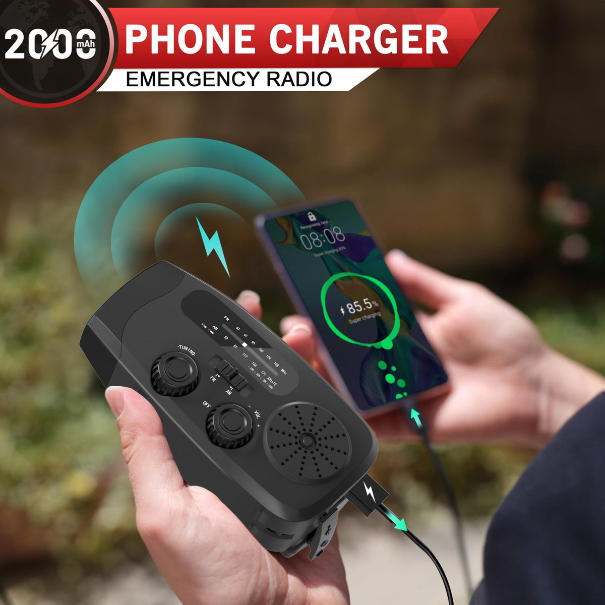 Wind Up Solar Radio, 7400mWh (2000mAh) Solar Powered Radio Emergency Hand Crank Radio with 3 Built-in Cables, Battery Operated, SOS Alarm & Flashlight, Emergency wind up torch for Hurricane, Emergency