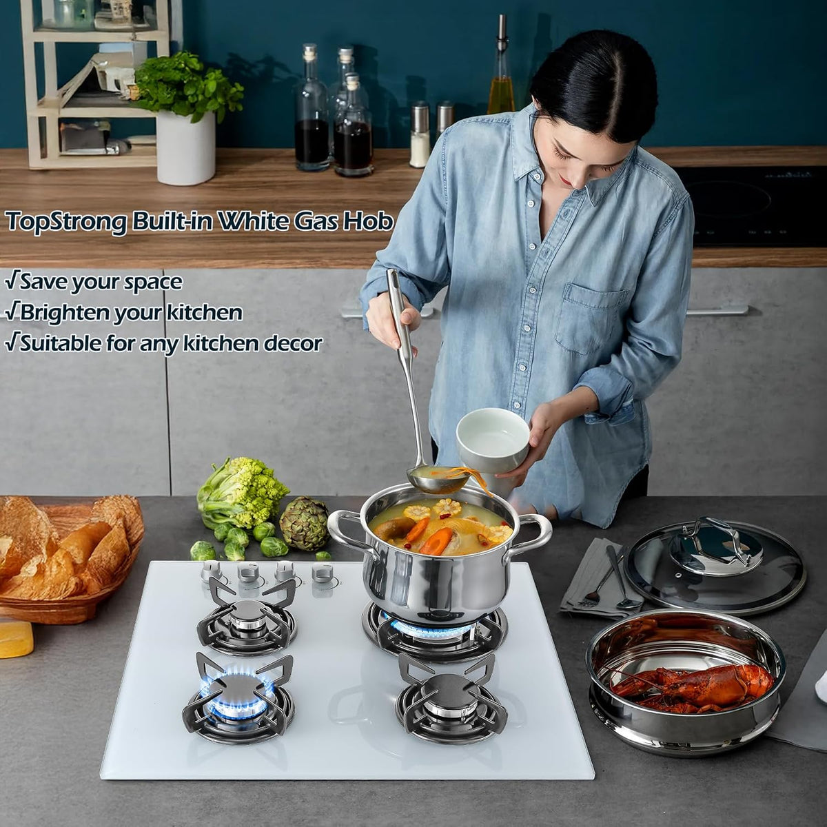 TopStrong Gas Hob 4 Burners, 60cm Black Glass Built-in Cooktop with 8060W Wok Burner & Thermocouple Protection, Natural Gas & LPG Compatible