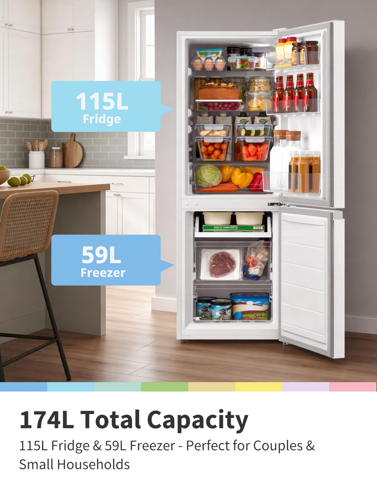 COMFEE' 87L Under Counter Fridge Freezer, Reversible Door, RCT87BL2(E)