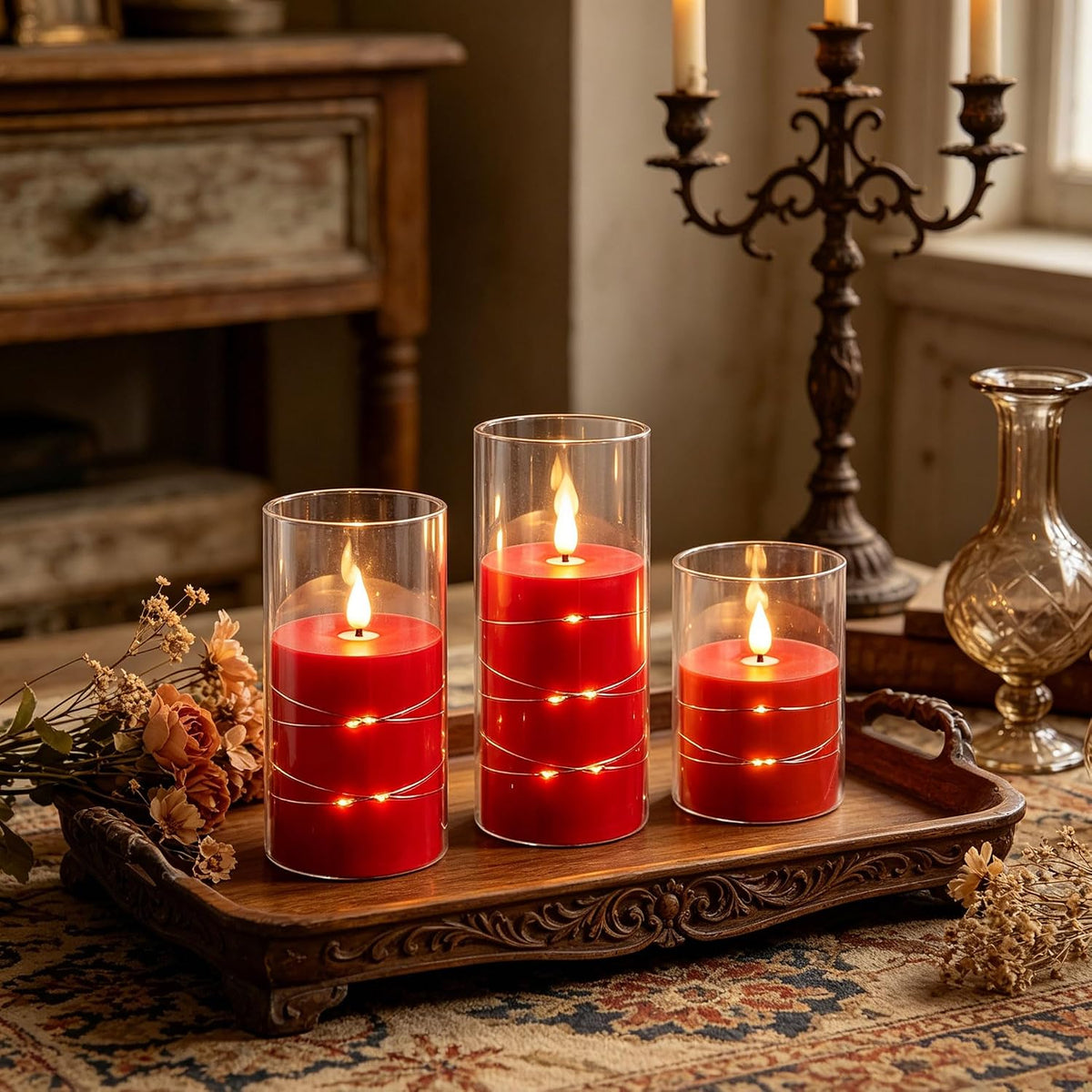 5 Pack Ivory Transparent Taper Candles, Black Wick Flickering Flameless LED Candles with Fairy Lights, Heat Resistant Reusable Plastic Candles, Remote Control, 14/14/16/18/20cm, Indoor Outdoor Decor