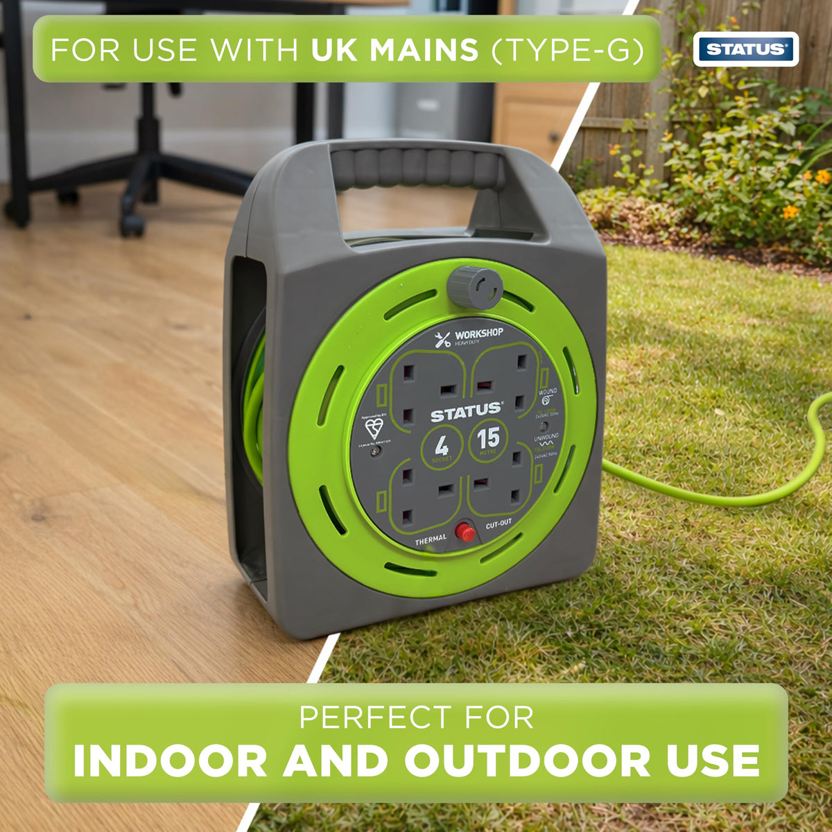 IONOS 2 Socket Cable Reel, 10m Outdoor Garden Extension Lead, DIY