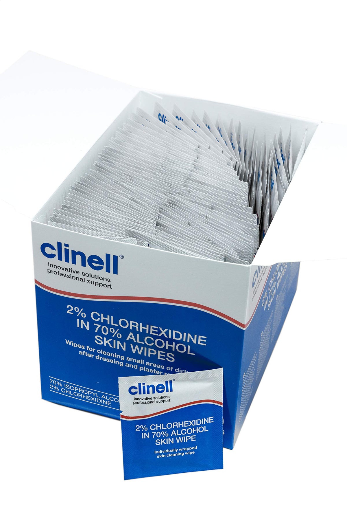 Clinell Skin Alcohol Wipes 200 Pack, Individually Wrapped - 2% Chlorhexidine & 70% Isopropyl Alcohol - Medical Cleansing Wipes - Hospital‑Grade, Latex‑Free & Dermatologically Tested