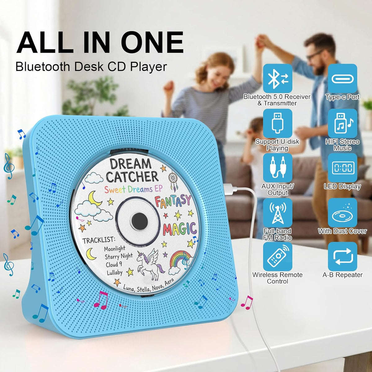 Portable CD Player with Bluetooth, Gueray Desktop CD Players for Home, Bulit-in Double HiFi Speakers, AUX&Headphone Jack, FM Radio Boombox with Remote Control, USB Port,LCD Display (Blue)