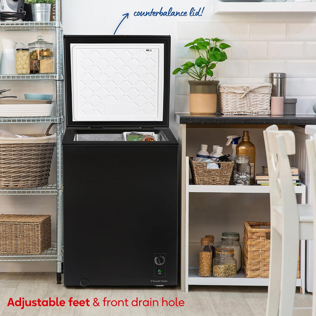 Russell Hobbs White Chest Freezer 143L Freestanding, Adjustable Thermostat, Chill or Freeze Function, 4 Star Freezer Rating & Suitable for Outbuildings & Garages RH142CF0E1W