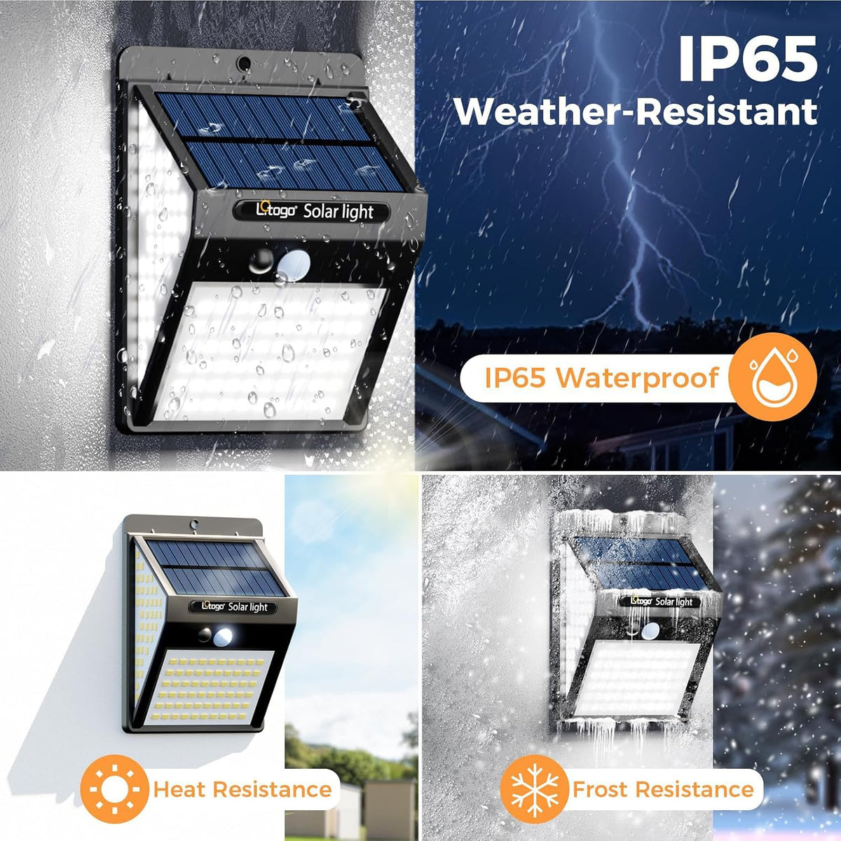 litogo [4 Pack White Frame 140LED Solar Security Lights Outdoor, Solar Motion Sensor Lights 270ºWide Angle Waterproof Solar Powered Durable Wall Lights Outside 3 Modes