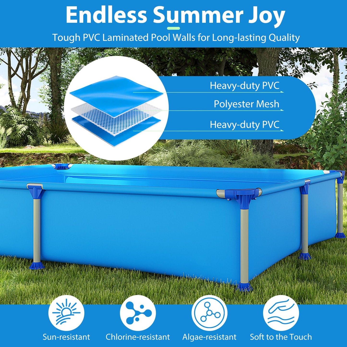 COSTWAY Above Ground Swimming Pool, Outdoor Round/Rectangular Large Framed Pool Set, Metal Frame Garden Family Pools for Kids and Adults (Gray, 300 x 207 x 66 cm, Rectangular)
