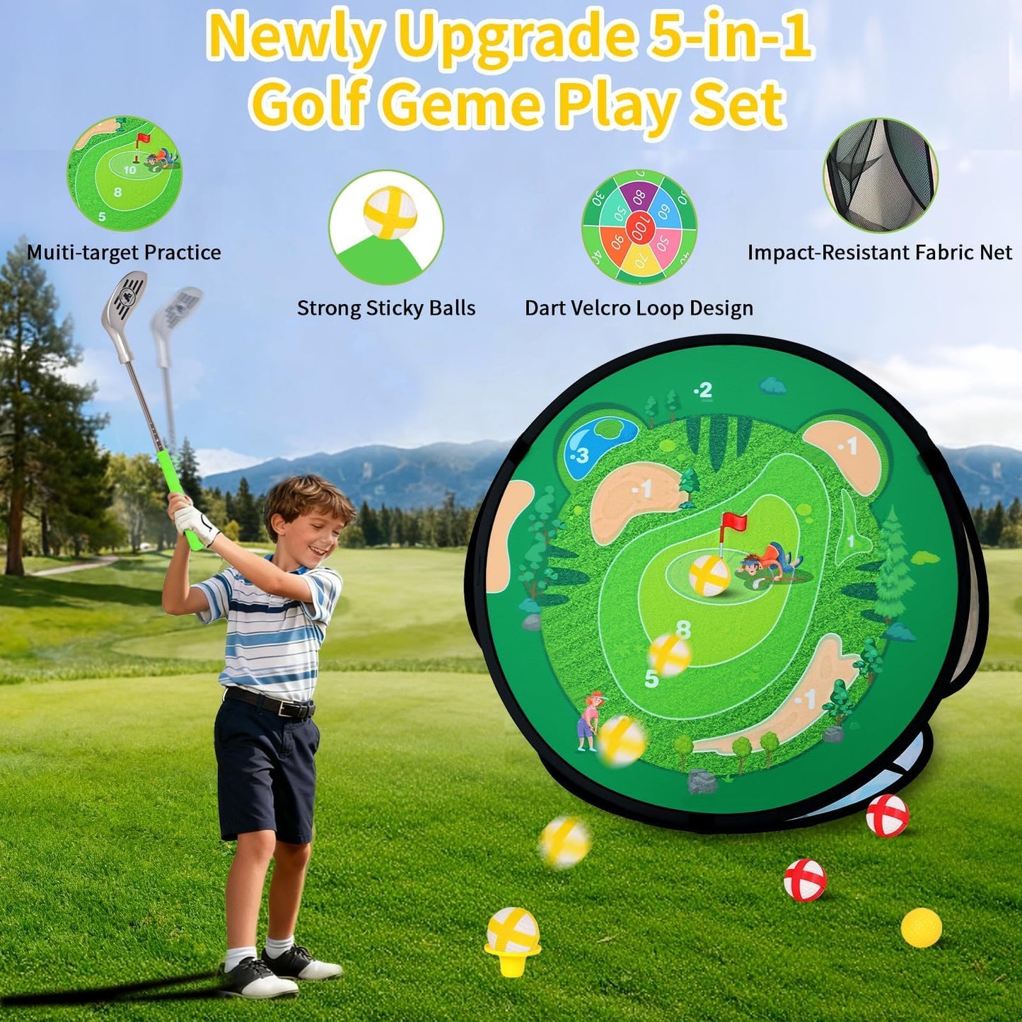 Kids Golf Set, AOSITE 5-in-1 Toddler Golf Set with 3 Golf Clubs, Putting Mat, 19 Balls, Dinosaur Sticky Darts & 8 Darts, 3-10 Kids Games Golf Toy, Mini Golf Indoor Outdoor Sports Activities Party Gift