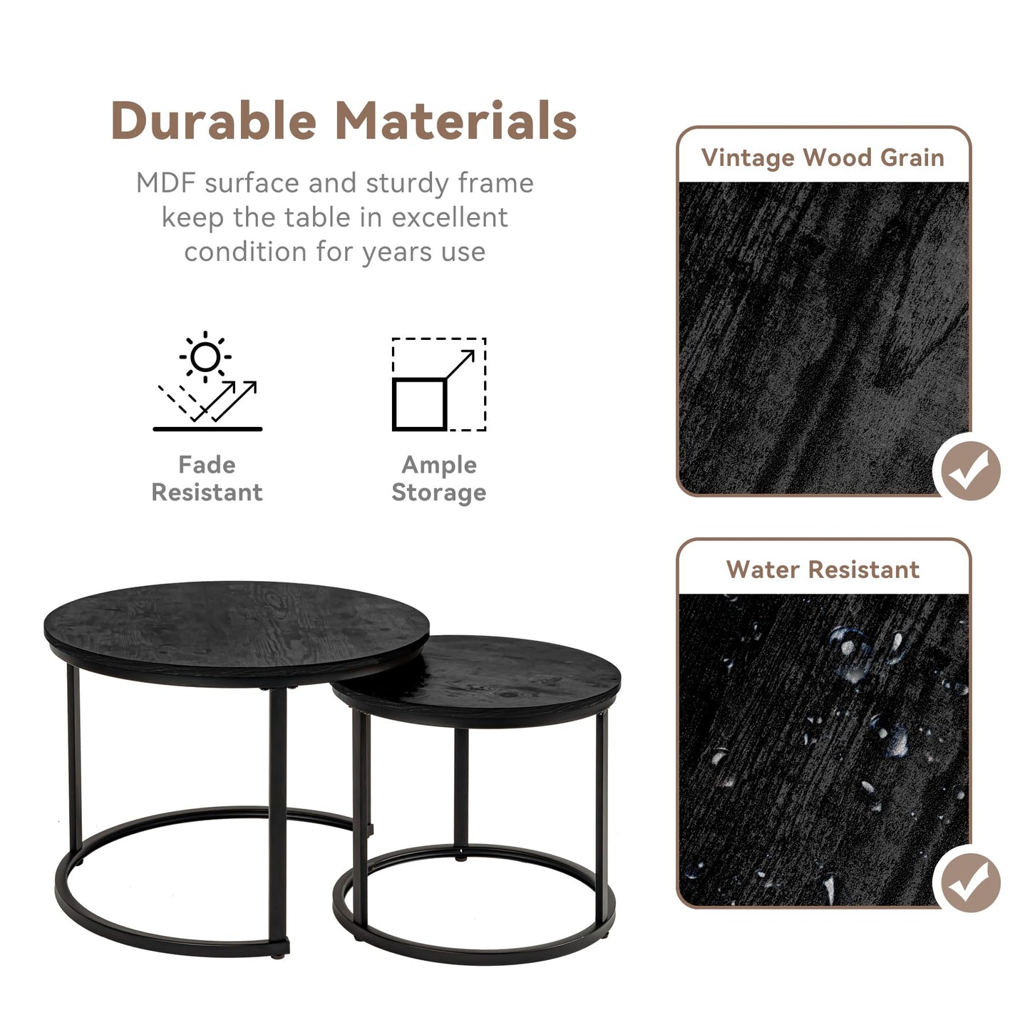 Hawthyhome Coffee Tables, Round Nesting Tables Tet of 2, Modern Side Tables with Metal Frame, Industrial Stacking End Tables for Living Room Bedroom Office, 60 * 60 * 45cm, Brown